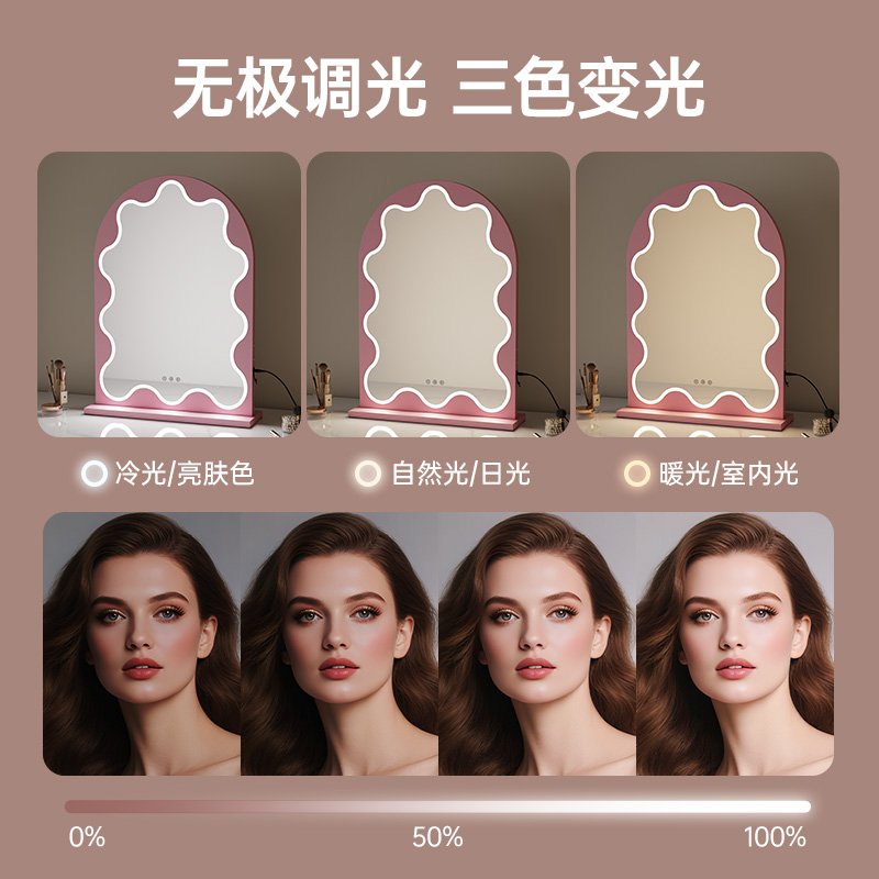 花边拱形好莱坞灯泡镜 三色led化妆镜台式补妆镜桌面梳妆台镜